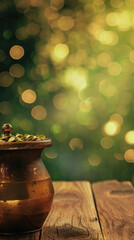 Saint Patricks Day pot with gold coins and four leaf clovers money rich leprechaun treasure on table, irish holiday traditional lucky symbol green golden background. Happy St Patrick Day concept .