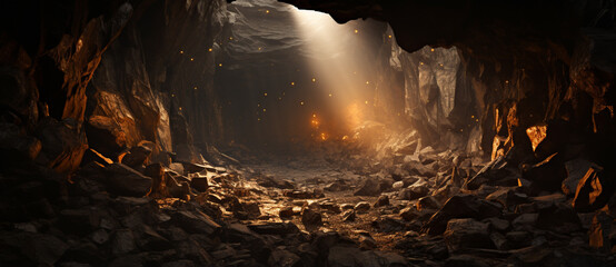 large foggy illuminated underground cave in limestone rock i - obrazy, fototapety, plakaty