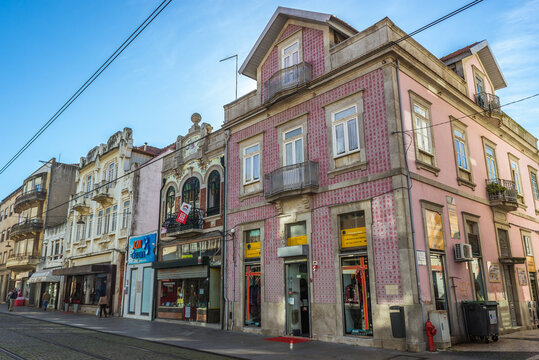 Matosinhos, Portugal - December 9, 2016: Row of houses and shops on Brito Capelo street, Matosinhos