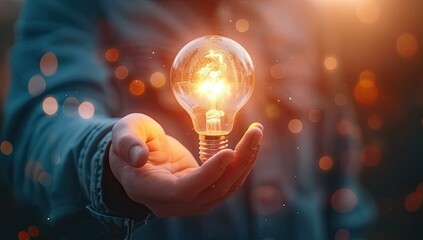 Business world. Highlights person possibly businessman or entrepreneur holding light bulb symbolizing birth of an idea or solution - obrazy, fototapety, plakaty