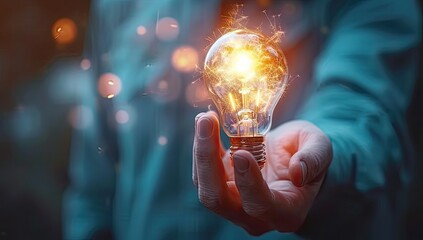 Business world. Highlights person possibly businessman or entrepreneur holding light bulb symbolizing birth of an idea or solution - Powered by Adobe