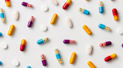 Collection of colorful pills over white background.