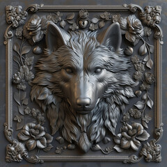 Wolf head engraved on a metal plate. Ai generative art. - 725374535