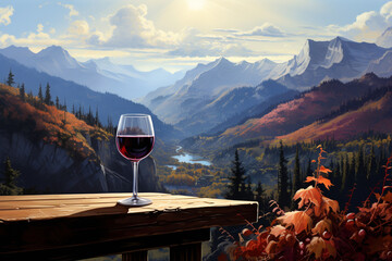 Red wine glass with the sunrise overlooking the mountains