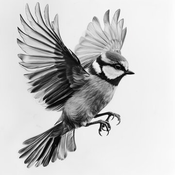 Pencil Sketch of Blue Tit Bird in Flight Wings Outstretched