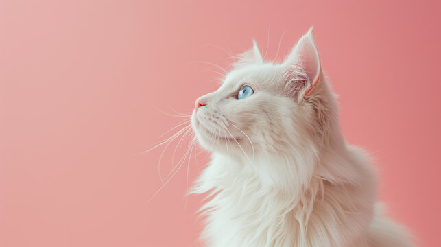 Wallpaper Featuring a Gorgeous White Fluffy Cat in Profile with Striking Blue Eyes, Set Against a Soft Pink Background, Creating a Serene and Elegant Atmosphere for Feline Enthusiasts
