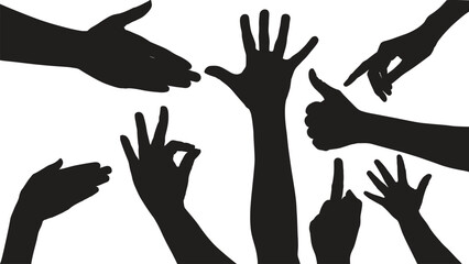 set of hand silhouettes isolated on white, Vector collection of human hands of different gestures, hands gesturing black, Black hands silhouettes, vector illustration