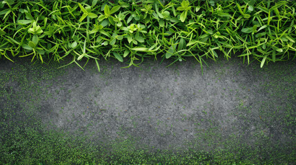 Lush green grass bordering a dark, textured concrete background. 