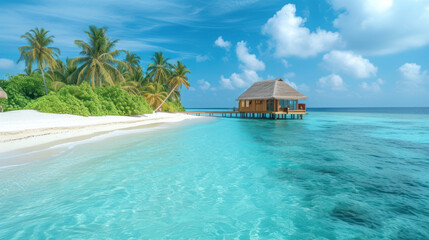 Serene Tropical Beach with Overwater Villa and Crystal Clear Waters.