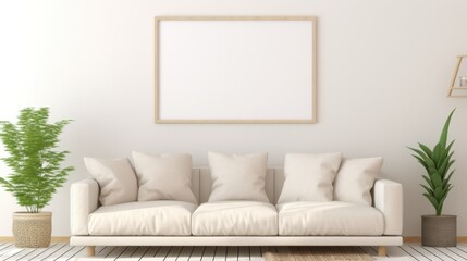 Fototapeta na wymiar interior design of modern living room with beige fabric sofa and cushions. White wall with frame and space for text, living, furniture
