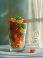 colorful gummy candy in a glass vase with lacey background