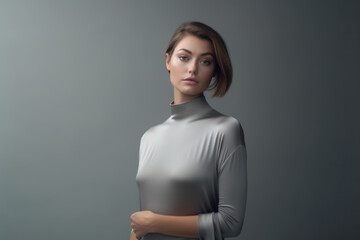 Obraz premium Smiling blonde woman with elegant style, posing, showcasing glamour and beauty in a studio portrait on gray background