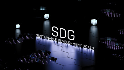 SDG Sustainable Development Goals acronym, text, inscription neon on a blurred background. SDG concept, banner. 3D render