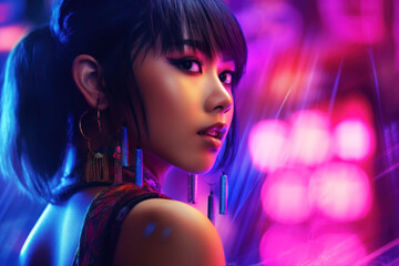 Nightclub Beauty asian Woman Style at a Nightclub Party with DJ and Disco Lights