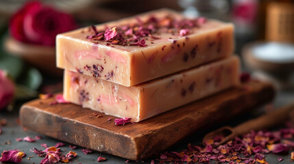 Naklejka na ściany i meble Adorned Rose-Infused Soap With Rose Oil Extract And Dry Rose Flowers