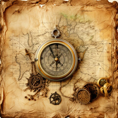 An old compass against the backdrop of a vintage map, generative AI