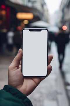 Mockup image of a hand holding mobile smart phone with blank white screen on blurred background