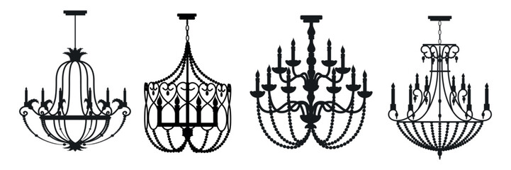 Fototapeta na wymiar Set of beautiful silhouettes of chandeliers in a cartoon style. Vector illustration of elegant different chandeliers with candlesticks isolated on white background. Vintage interior element.