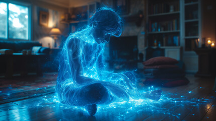 Digital Living: intersection of technology and comfort captured in home with holographic presence