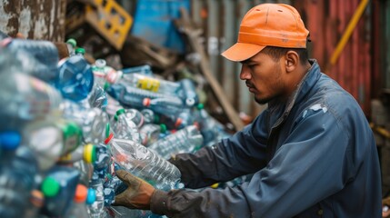 A male worker working at a recycling plant holds plastic bottles and tablets to dispose of and recycle plastic bottles at a small waste recycling plant.