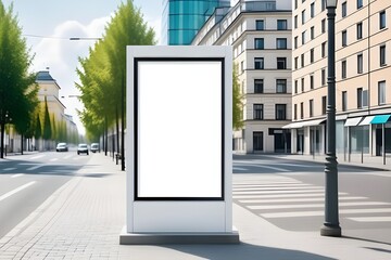 Mockup. Vertical advertising stand in the street. Blank white street billboard poster lightbox stand mock with urban city background