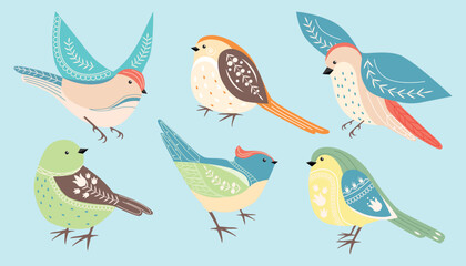 Set of beautiful spring birds in cartoon style. Vector illustration of colored birds flying, standing, decorated with various ornaments: floral, leaves isolated on a light blue background.