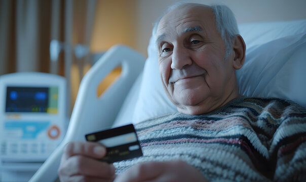 close up a face smile and happy a woman is Holding a credit card in front of you on wheelchair or bed in the hospital, shopping online concept.