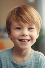 Curly-haired boy smiling joyfully, radiating innocence and happiness, in a bright, cozy room.