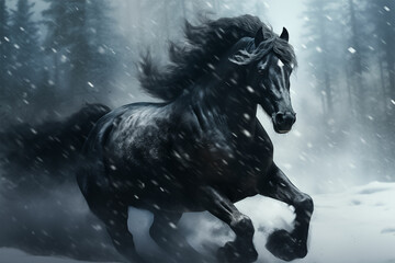 Obraz na płótnie Canvas Experience the mystic beauty of a black horse galloping through snow, blending raw power and dark elegance in a serene, masculine atmosphere.
