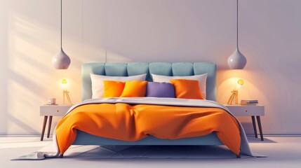 Vector bed with bedding and bedside lamps illustration. Modern furniture. Bed with blanket, pillows, lamps