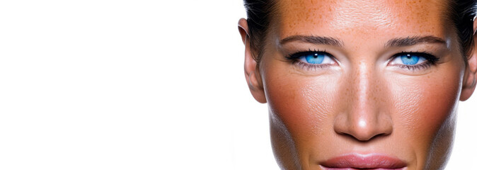 A woman with blue eyes and elegant, light freckles is depicted. - obrazy, fototapety, plakaty