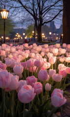 Pink Tulips Flower Bed  in the Park's Evening Splendor City Blooms.