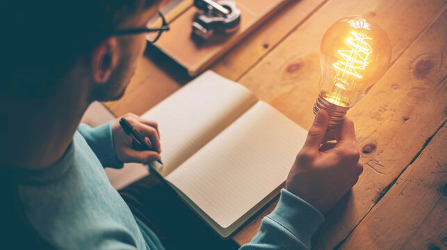 A man is sitting at a table, writing in a journal with a light bulb in his hand, captured in a portrait shot.