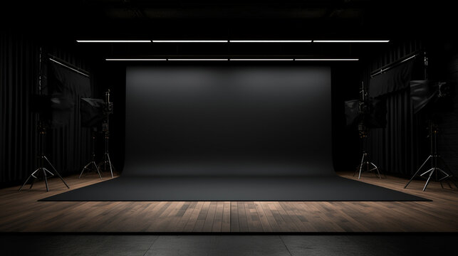 Blank black studio. black background studio. Generative AI.