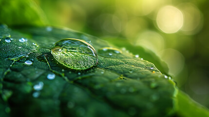 Beautiful water drops after rain on green leaf in sunlight, macro. Many droplets of morning dew outdoor. Amazing artistic image of purity and fresh of nature. Generative AI illustration
