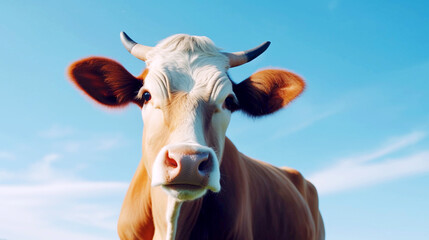 Close-up of a cow under a blue sky, symbolizing sustainable farming and environmental consciousness