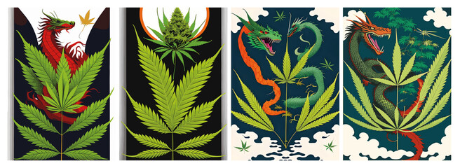 Text Background Set: Marijuana Festival, Golden Green Dragon, Dinosaur, Black Gold Asian Cannabis...