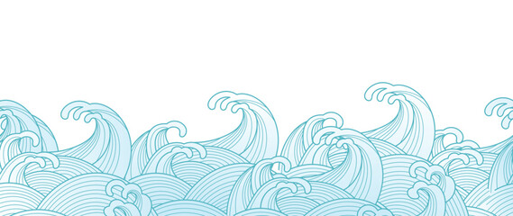 Japanese blue wave element. Blue and white seamless ocean wave pattern. Vector illustration.