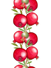 Seamless border with ripe pomegranates, watercolor illustration