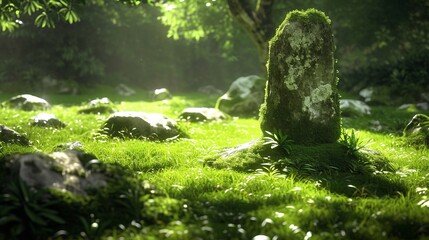 A stone is situated in the middle of a grassy field, depicted in a natural and high-quality manner.