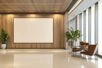 Office lobby with a large white wall (no text for mockup) near meeting rooms