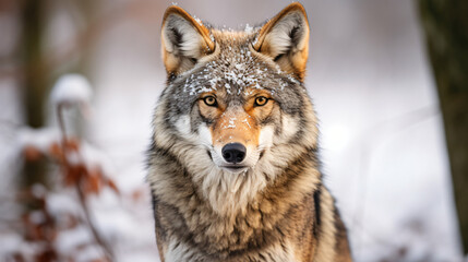In winter a close up horizontal portrait of wolf
