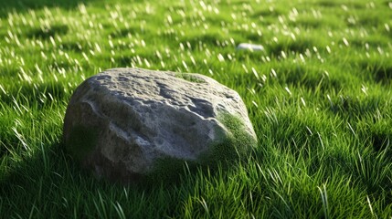 A large rock is sitting in the middle of a lush green field, surrounded by grass and grassy stones, showcasing a highly detailed texture.