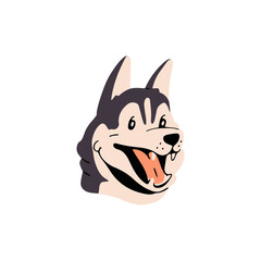 Funny Siberian husky avatar. Joyful Alaskan Malamute puppy smiles. Cute pup of sled dog shows tongue. Happy fluffy breed doggy muzzle. Furry canine pet face. Flat isolated vector illustration on white
