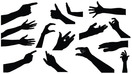 set of hand silhouettes isolated on white, Vector collection of human hands of different gestures, hands gesturing black, Black hands silhouettes, vector illustration