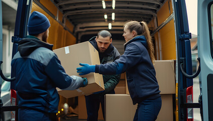 Fototapeta na wymiar Young couriers cooperating while unloading packages from delivery van.