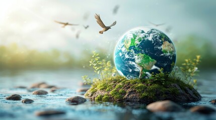 Obraz na płótnie Canvas Concept of World Earth Day and Nature Protection. Realistic image of the earth with animals and plants.
