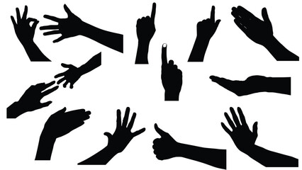 set of hand silhouettes isolated on white, Vector collection of human hands of different gestures, hands gesturing black, Black hands silhouettes, vector illustration - obrazy, fototapety, plakaty