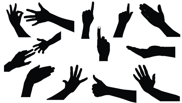 set of hand silhouettes isolated on white, Vector collection of human hands of different gestures, hands gesturing black, Black hands silhouettes, vector illustration