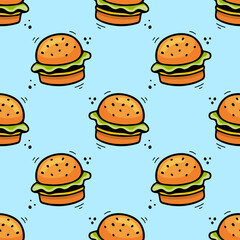 Hand drawn cheeseburger seamless pattern. Comic doodle sketch style. Vector Fast food illustration. Sketch of hamburger.